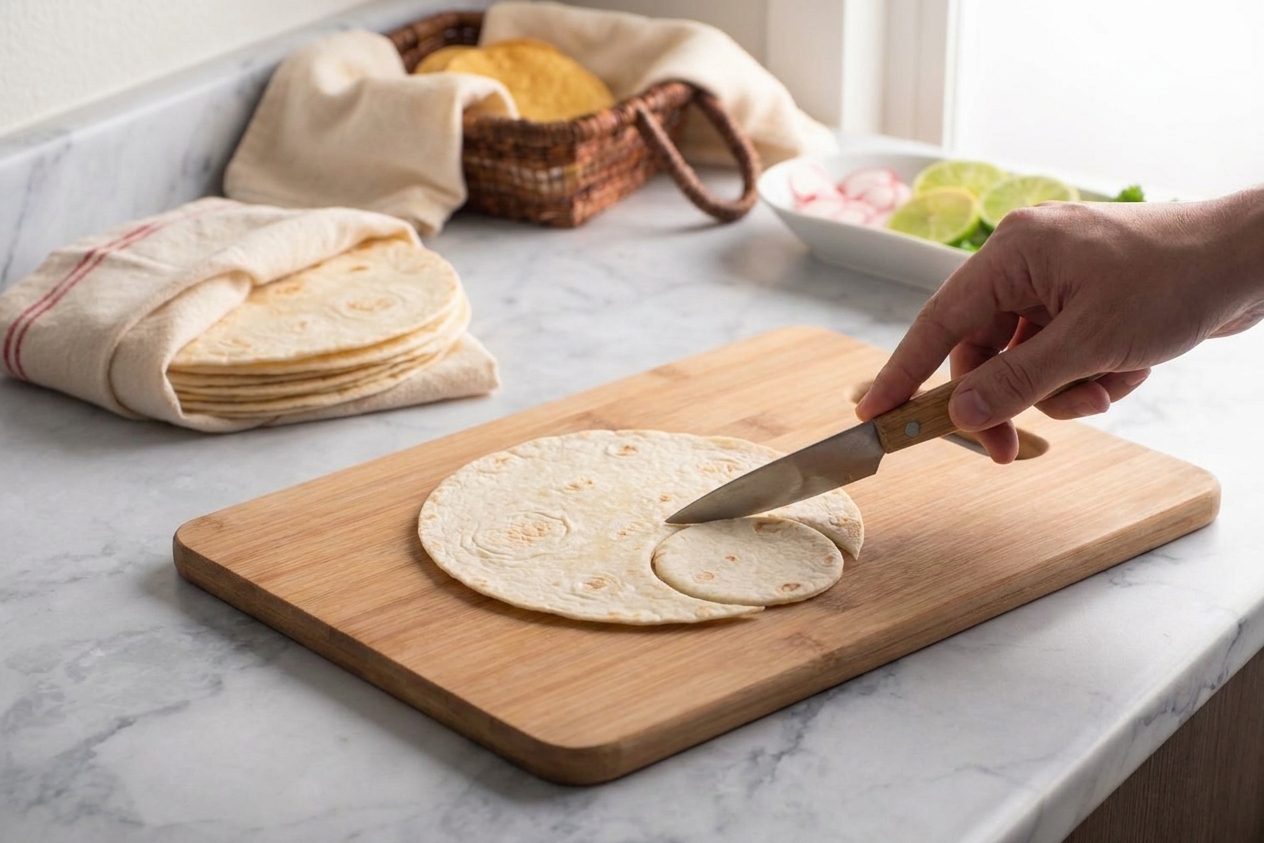 A small round being cut from a flour tortilla on a cutting board using a knife