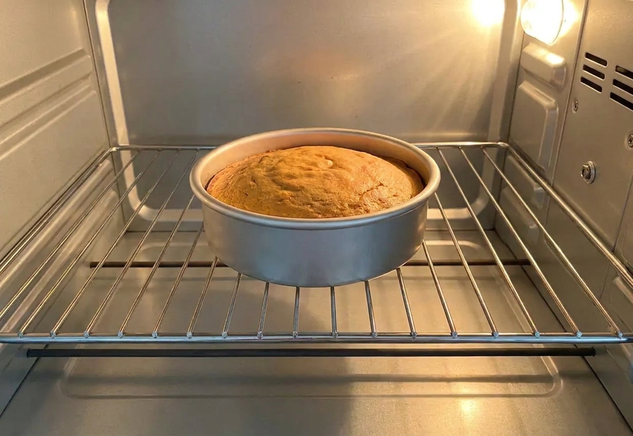 A small round cake pan on an oven rack with a lightly browned cake baking