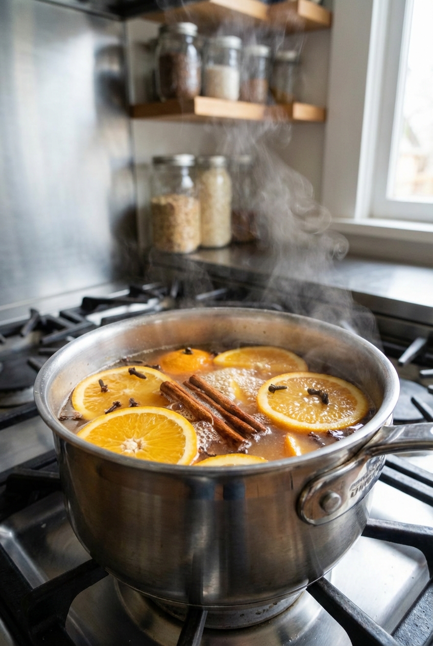 A small saucepan of apple cider simmering with orange slices, cinnamon sticks, and cloves