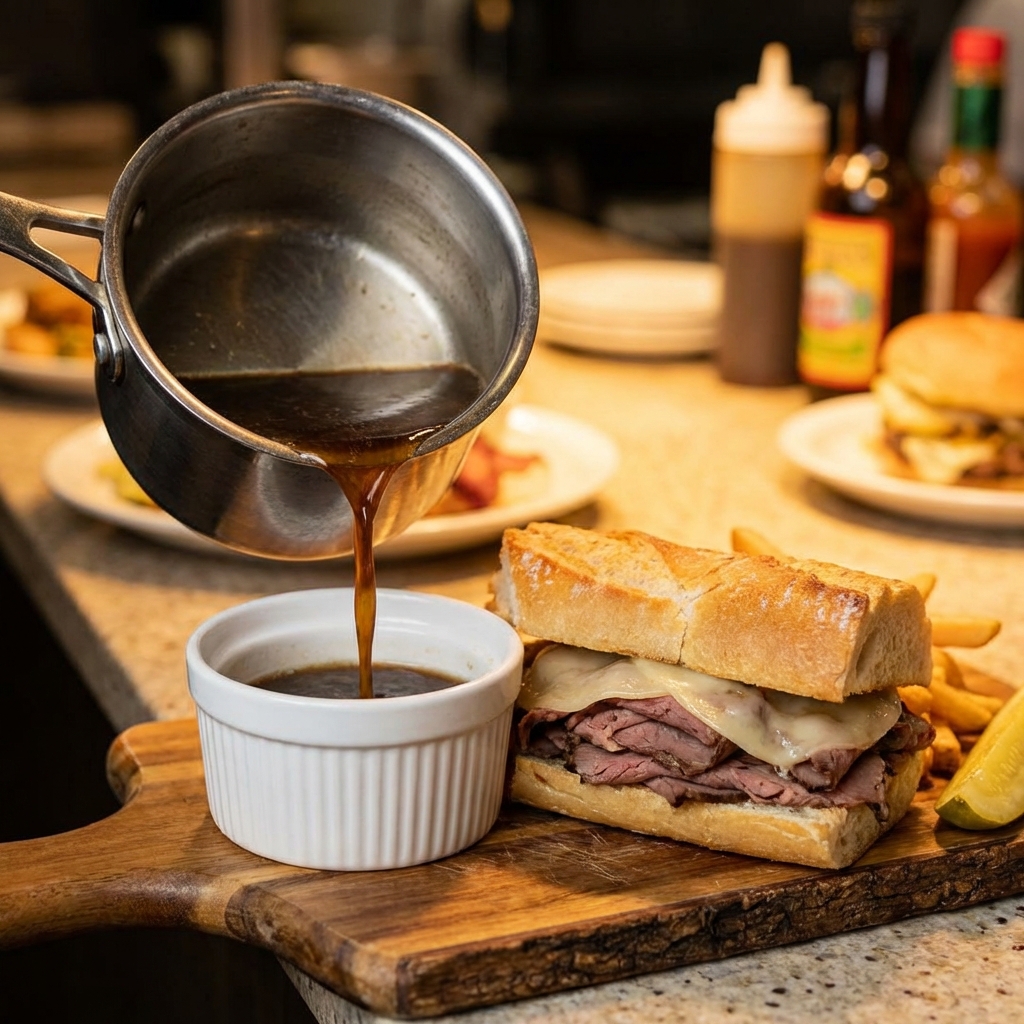 A small saucepan of au jus being poured into a ramekin beside a sliced French dip sandwich