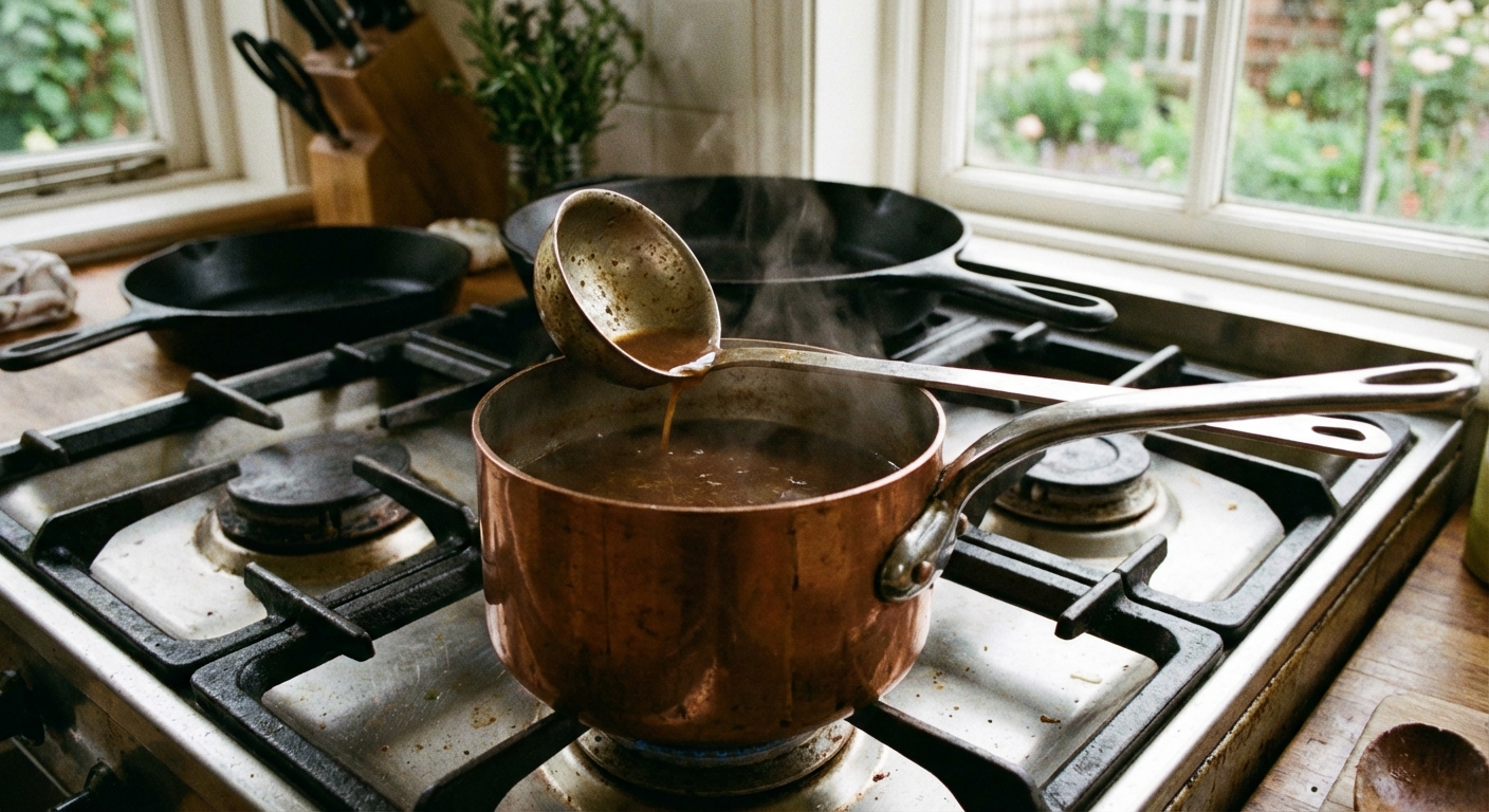 A small saucepan of au jus on a stovetop with a ladle resting on the rim