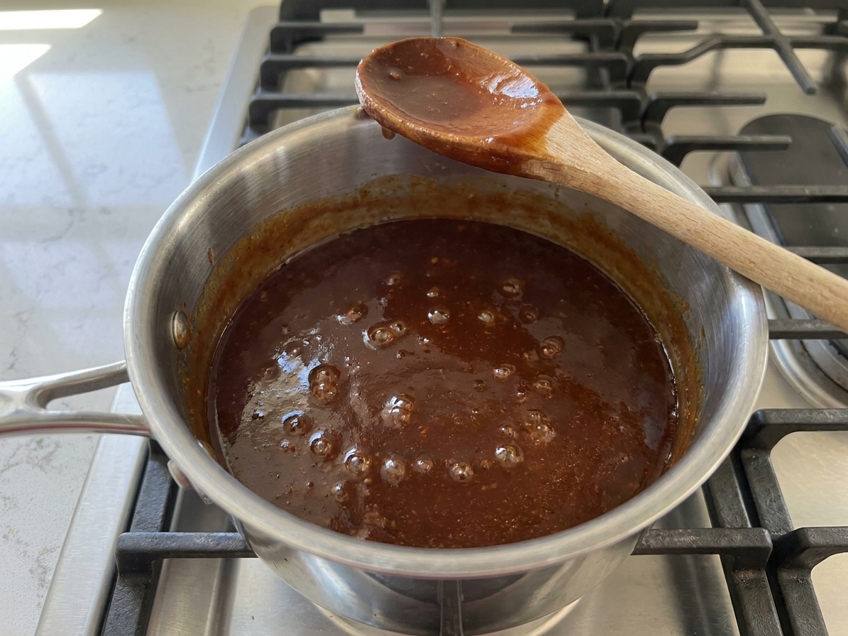 A small saucepan of barbecue glaze simmering on a stovetop with a spoon resting on the rim