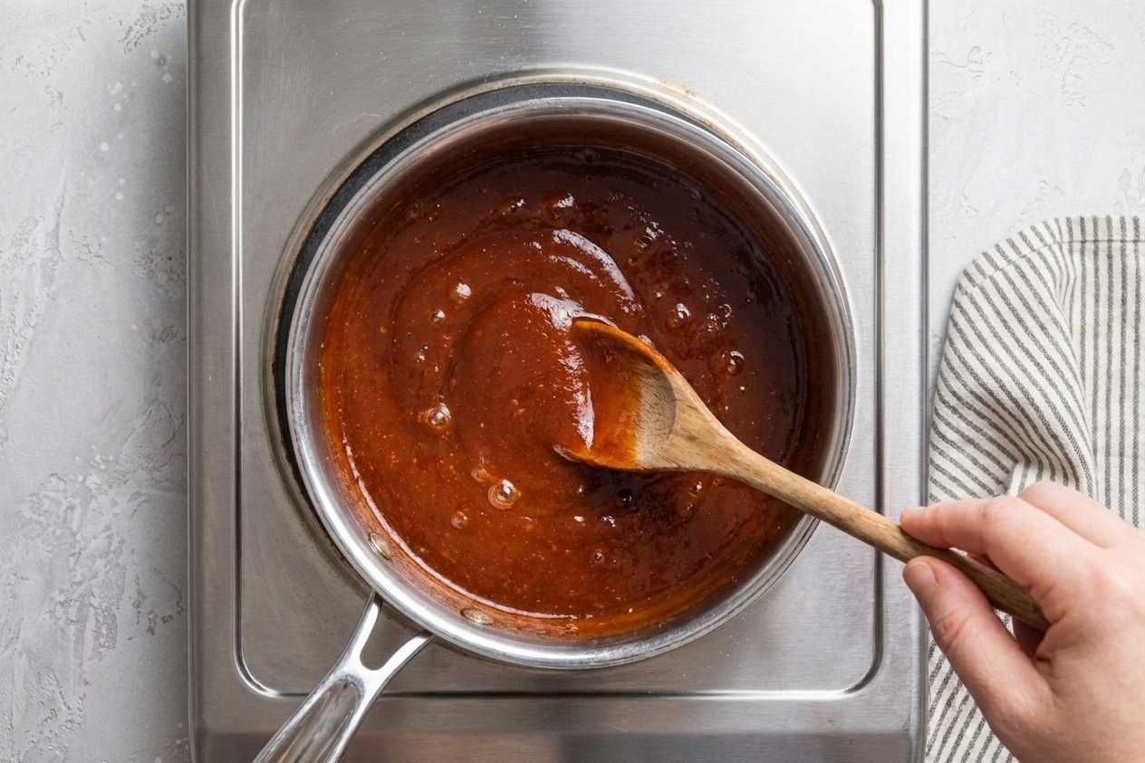 A small saucepan of barbecue sauce gently simmering on a stovetop with a wooden spoon stirring