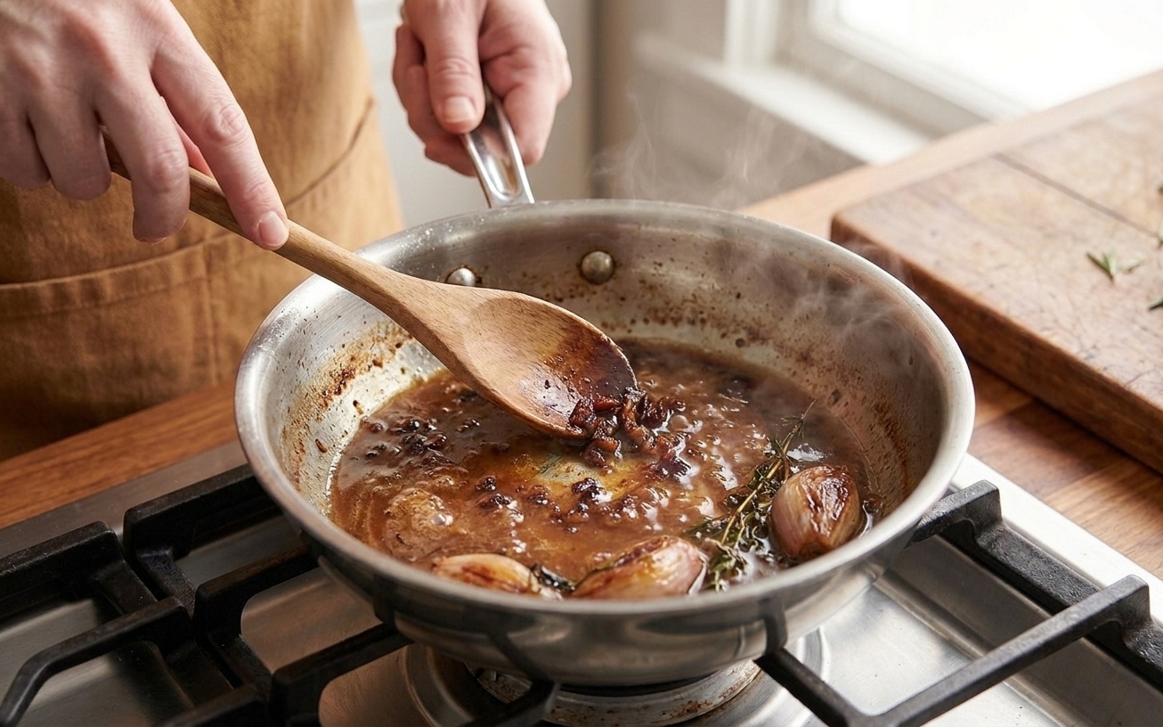 A small saucepan of beef pan jus simmering as browned bits are scraped in, turning drippings into a glossy, savory sauce