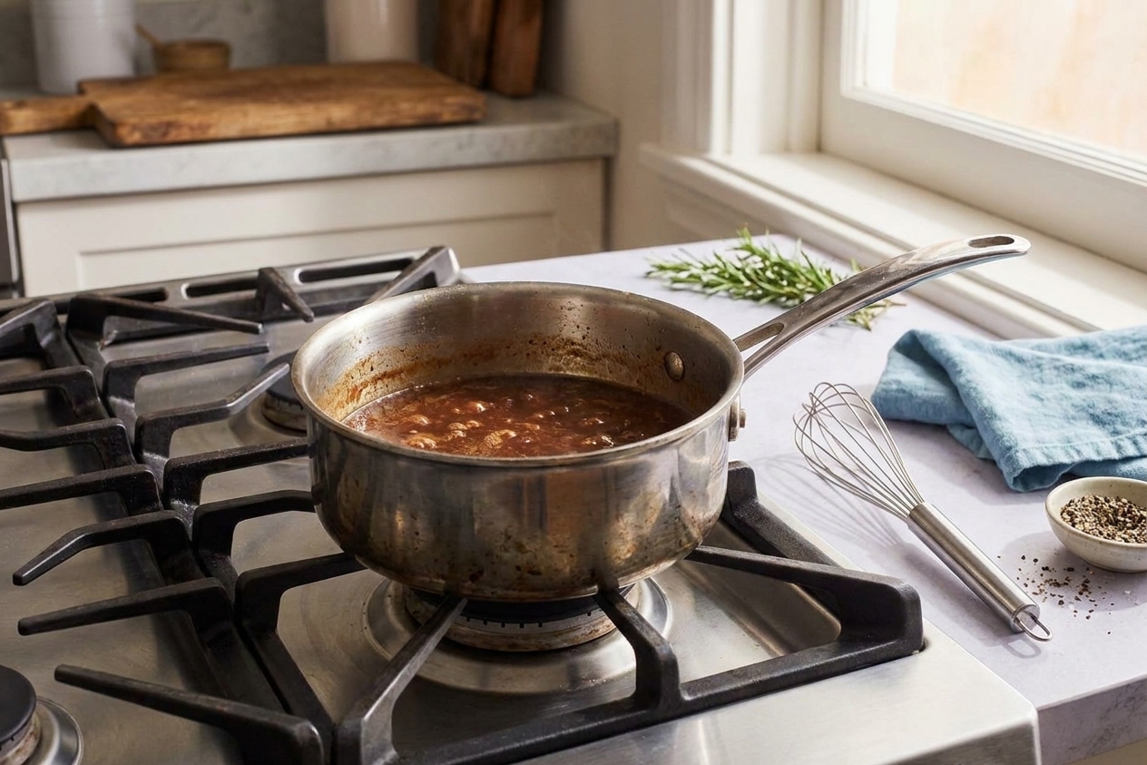 A small saucepan of beef pan sauce simmering on a stovetop with a whisk resting nearby