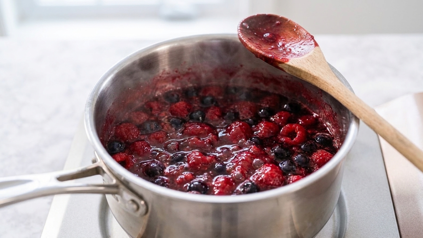A small saucepan of berries simmering into a glossy sauce on a stovetop with a wooden spoon resting nearby
