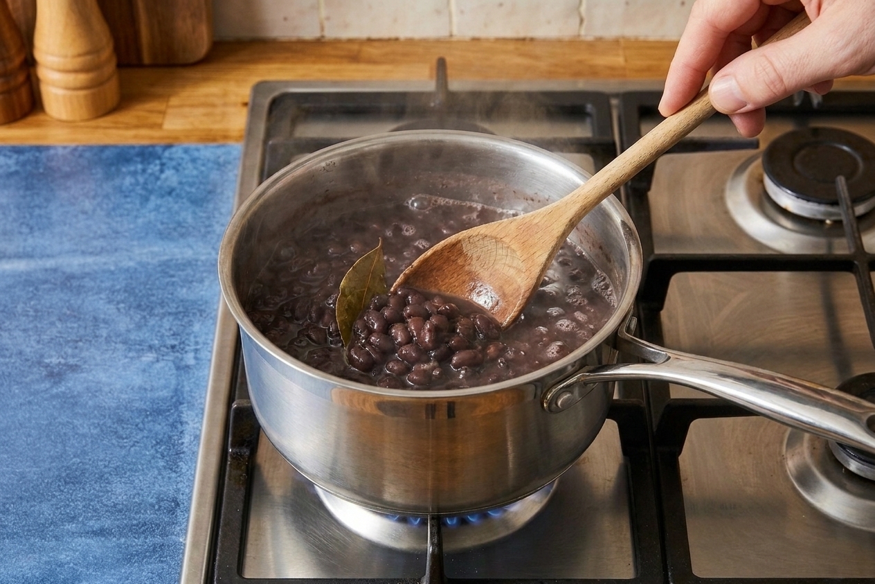 A small saucepan of black beans simmering on the stove with a bay leaf visible while a spoon stirs the thickened beans