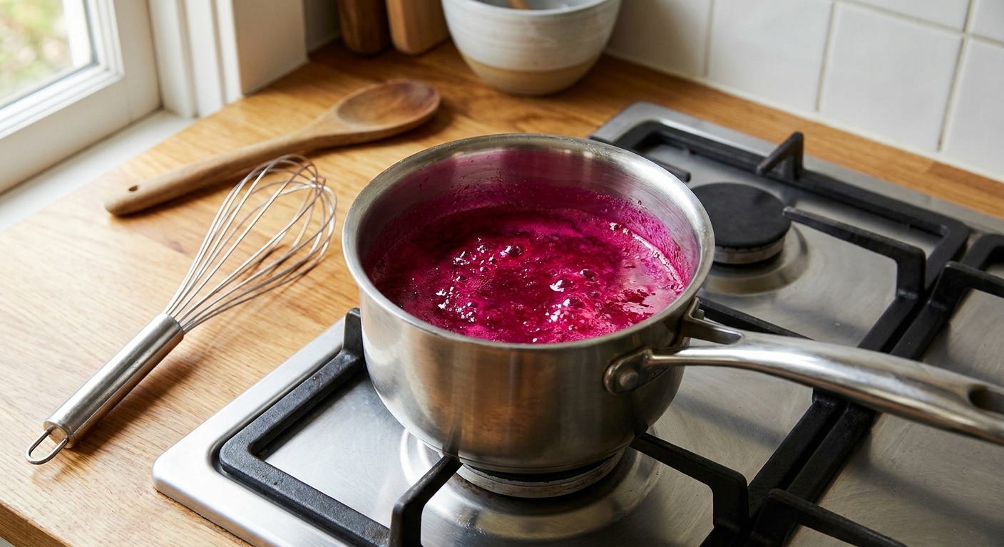 A small saucepan of bright magenta prickly pear syrup gently simmering on a stovetop with a whisk resting nearby