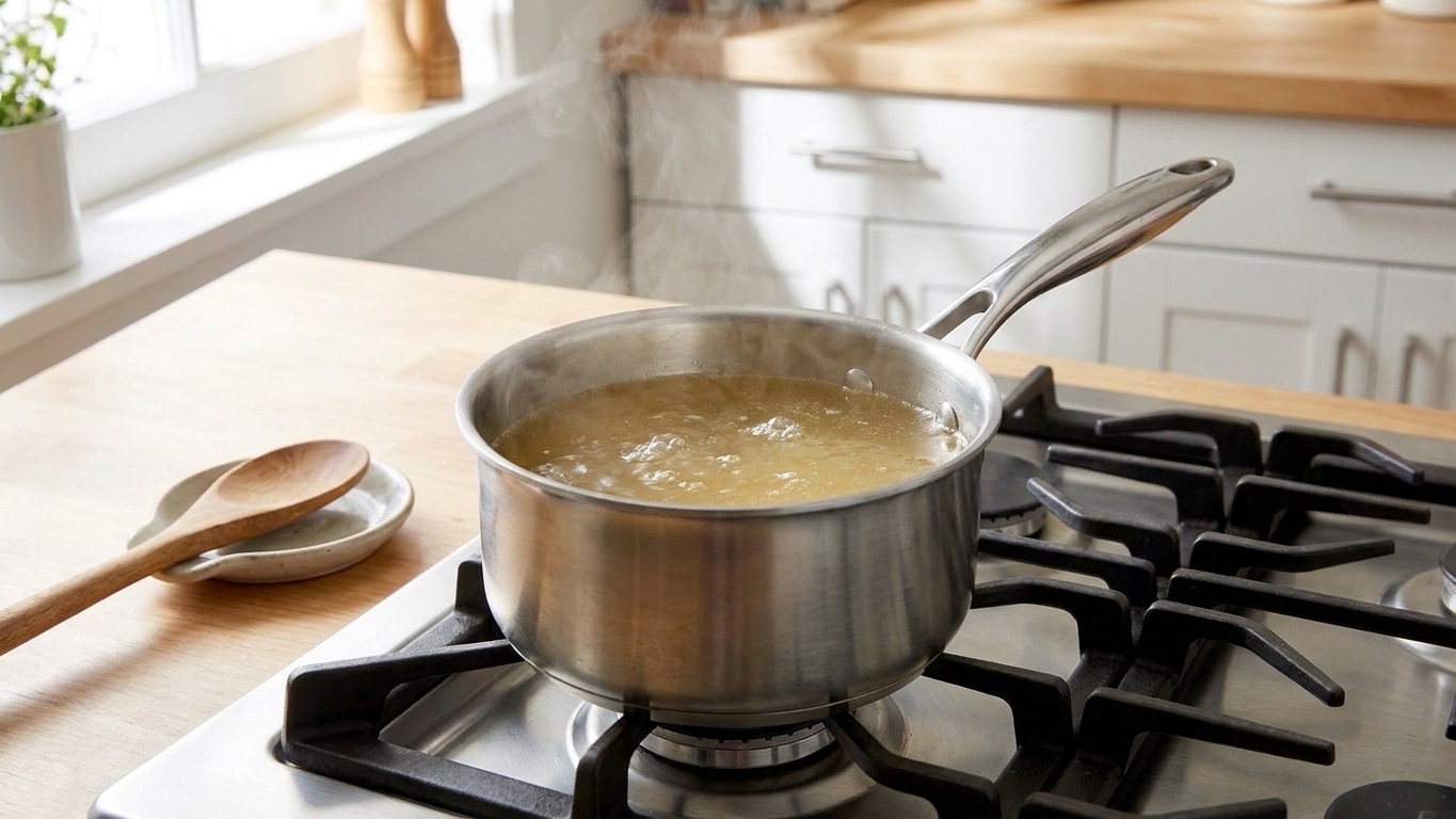 A small saucepan of broth gently simmering on a stovetop with light steam rising