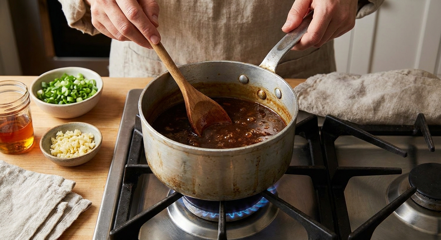 A small saucepan of brown lo mein sauce simmering gently on a stovetop as it thickens