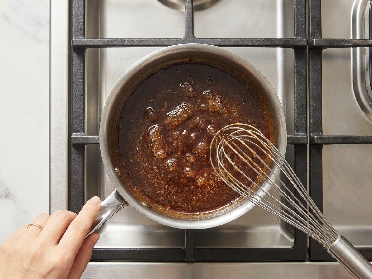 A small saucepan of brown sugar ham glaze simmering on a stove with a whisk resting on the rim