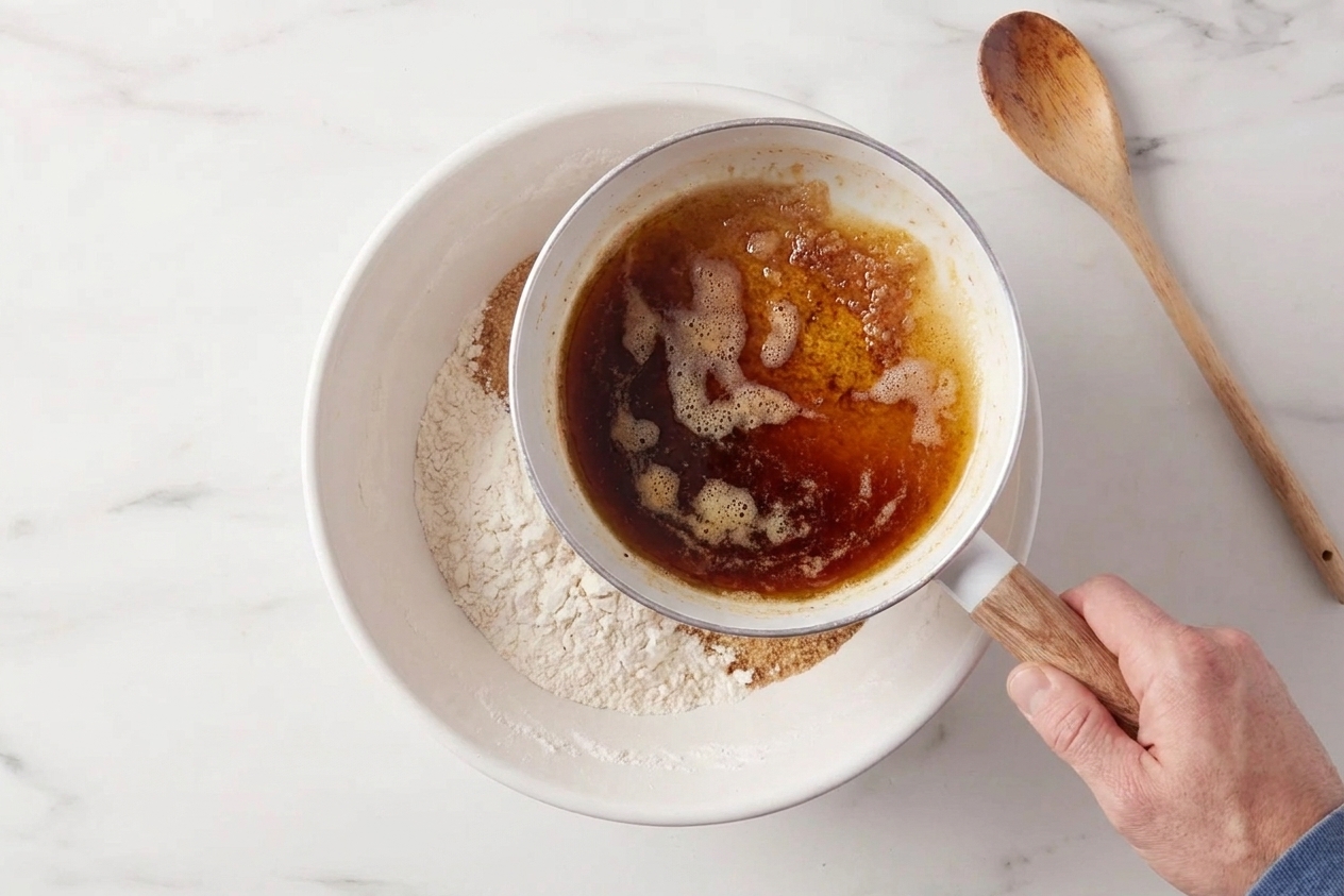 A small saucepan of browned butter with golden flecks, ready to be poured into a mixing bowl for cookie dough