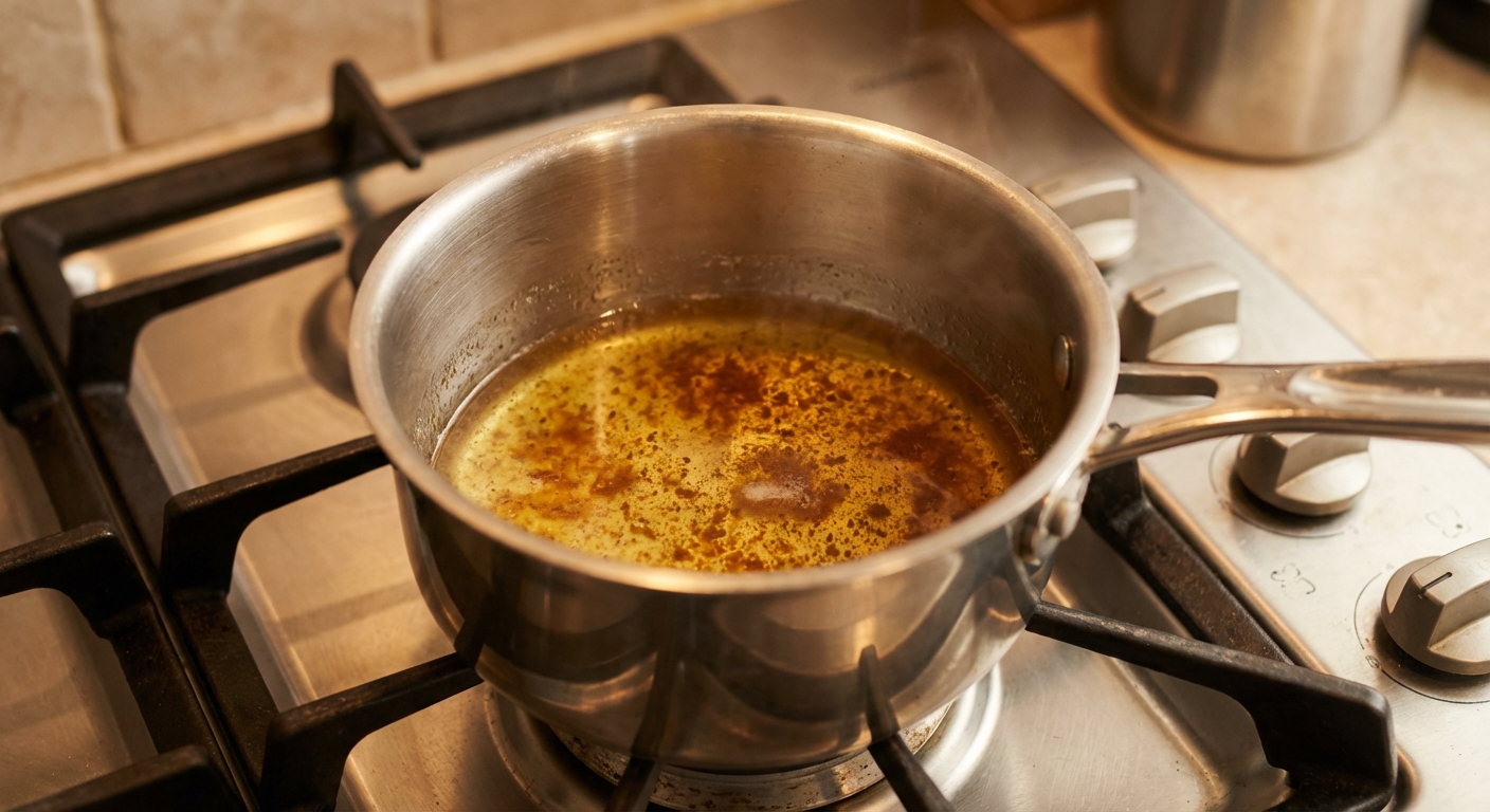 A small saucepan of browned butter with golden specks on the bottom sitting on a stovetop