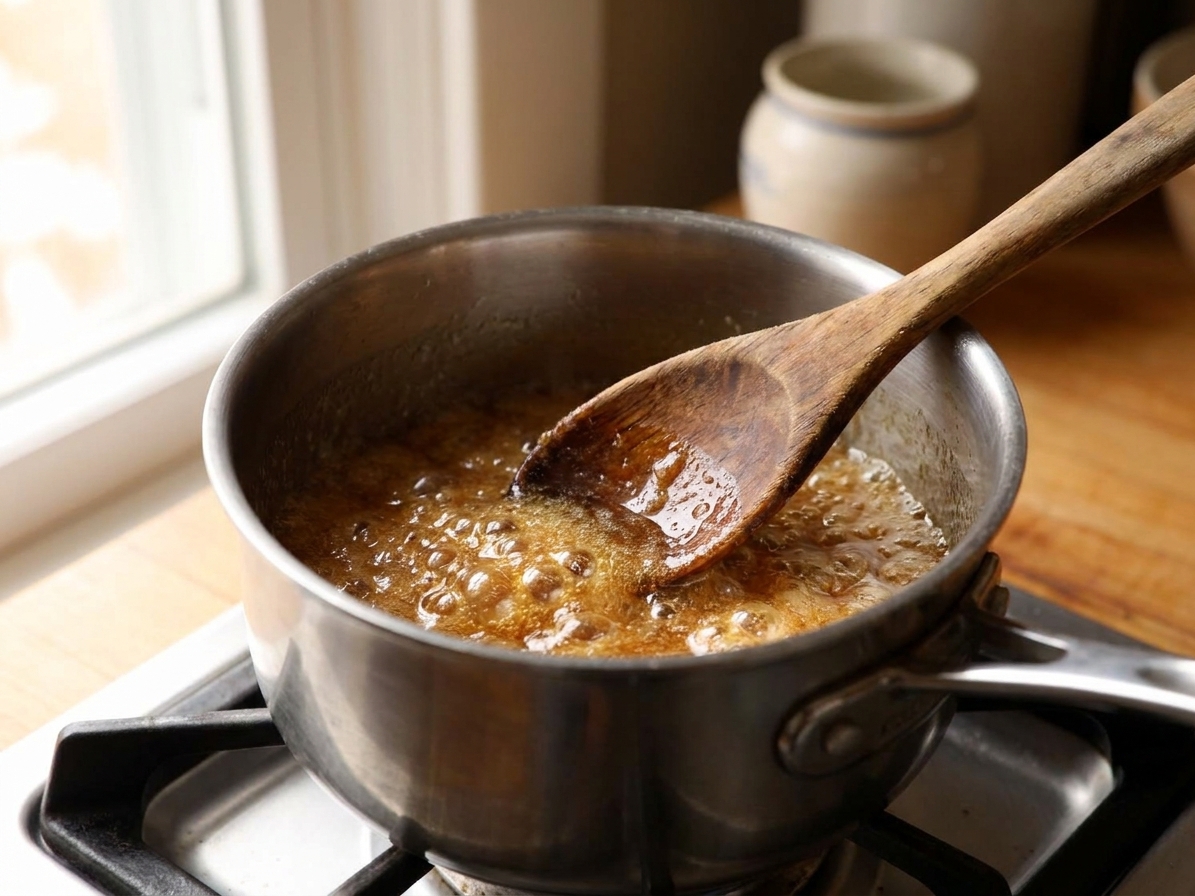 A small saucepan of bubbling brown sugar syrup on a stovetop, being stirred with a wooden spoon