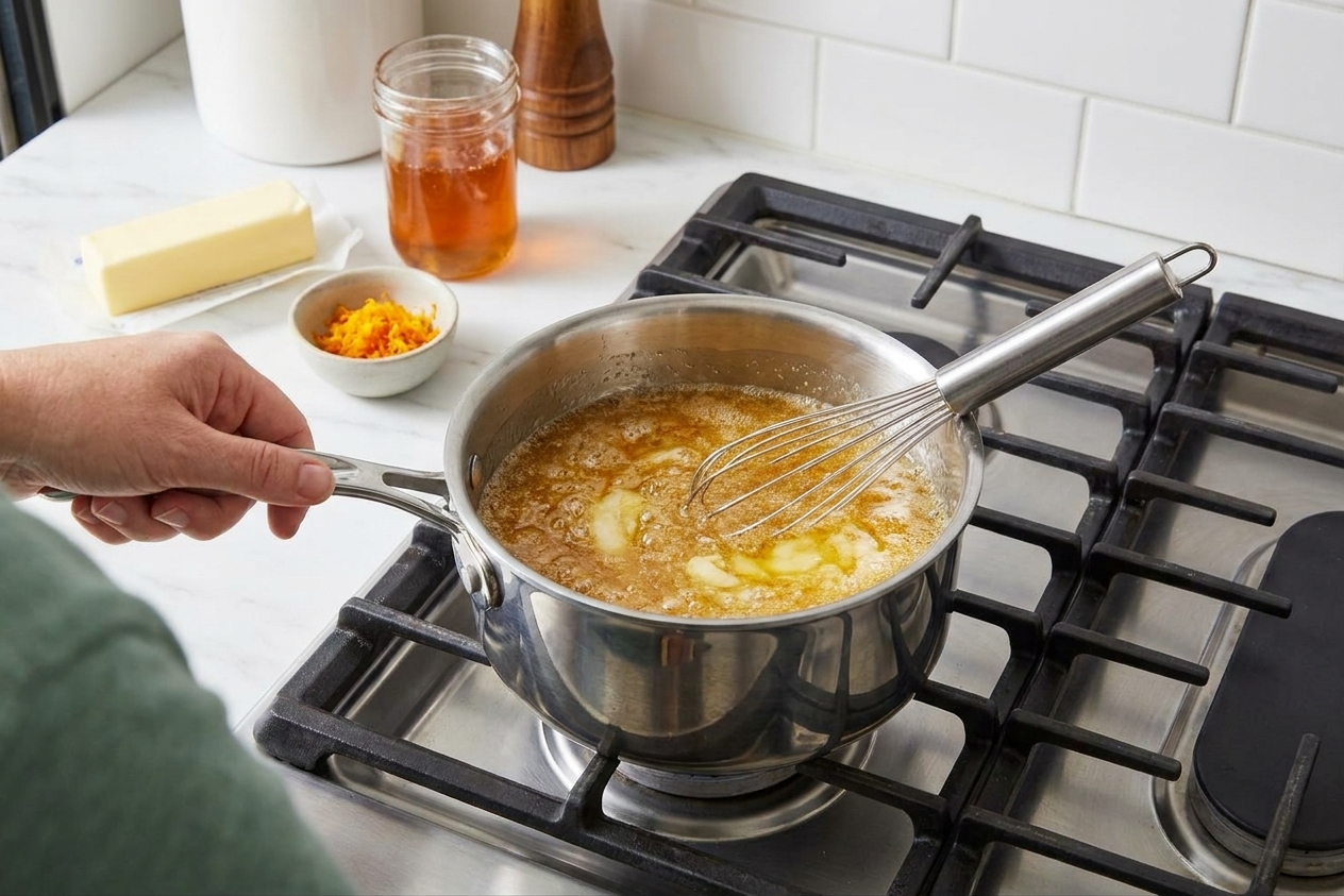A small saucepan of bubbling honey butter glaze being stirred with a whisk on a stovetop