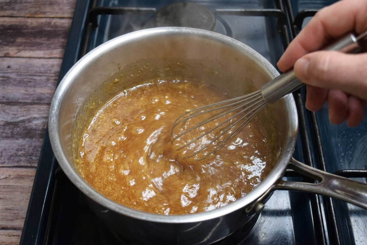 A small saucepan of bubbling honey mustard brown sugar glaze being stirred with a whisk on a stovetop
