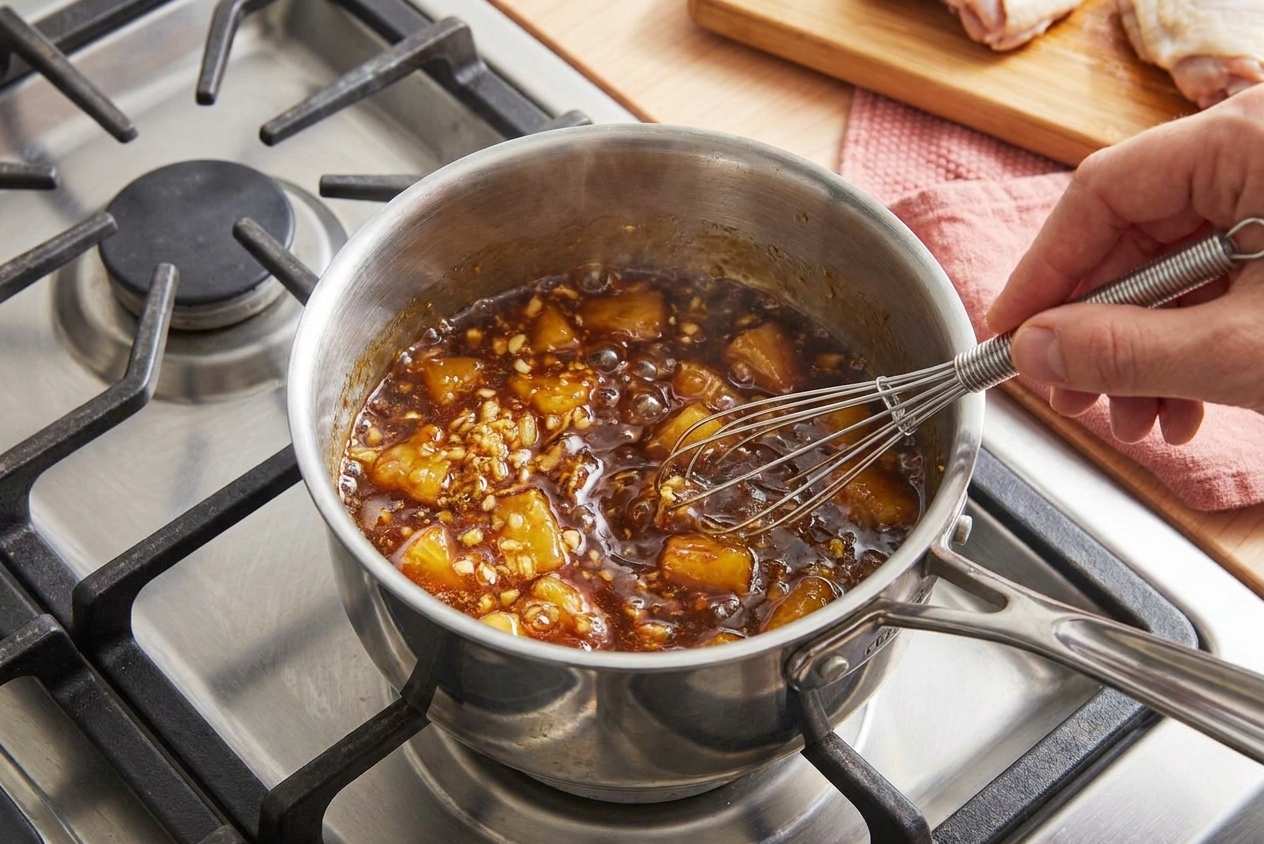 A small saucepan of bubbling pineapple soy sauce being whisked on a stovetop, with minced ginger and garlic visible in the glossy glaze