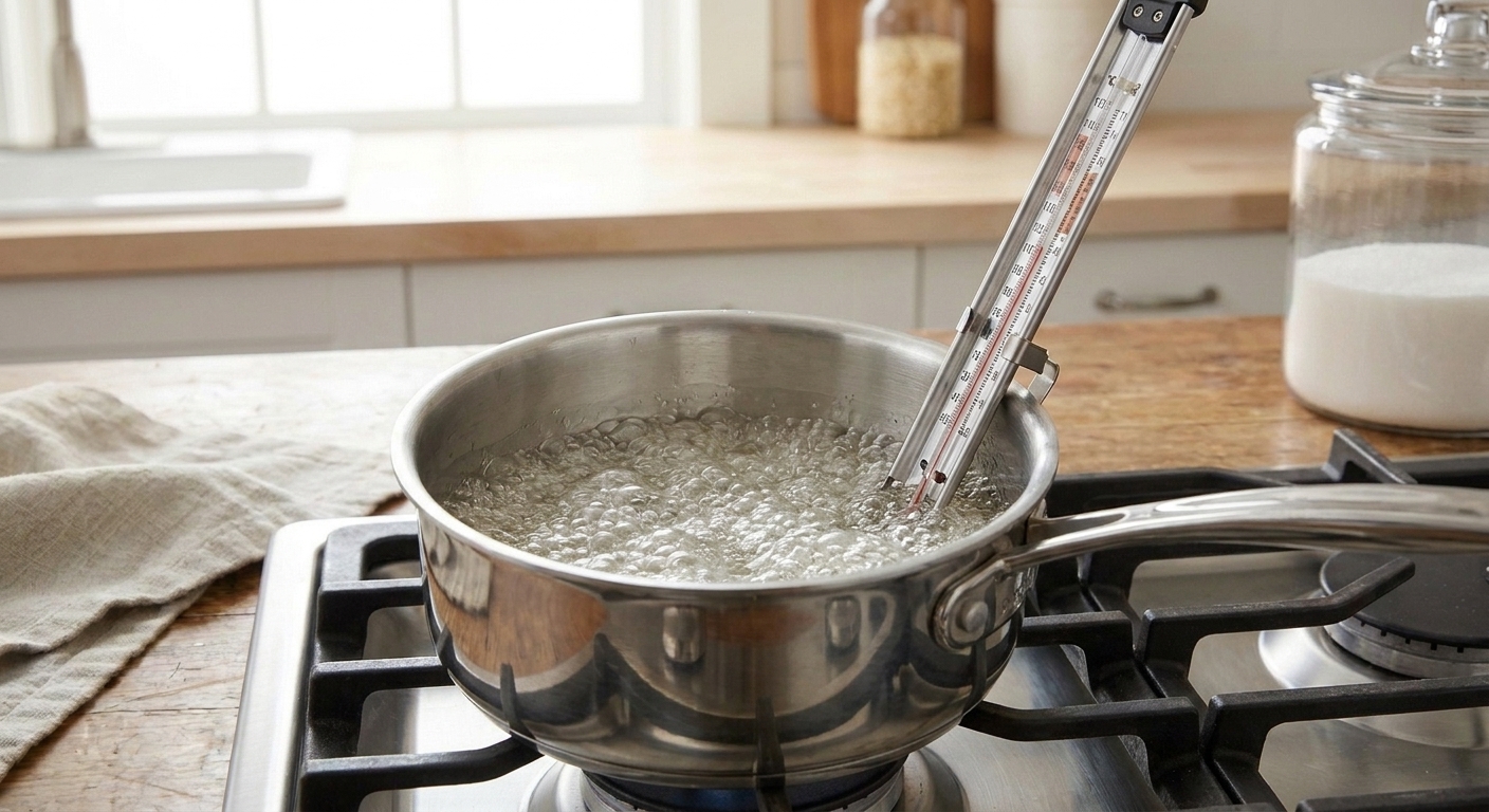 A small saucepan of bubbling sugar syrup on a stovetop with a candy thermometer clipped to the side