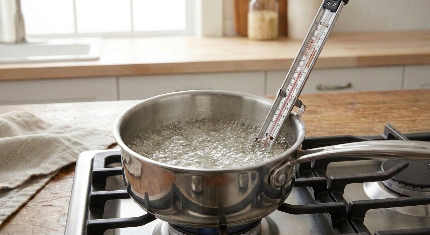 A small saucepan of bubbling sugar syrup on a stovetop with a candy thermometer clipped to the side
