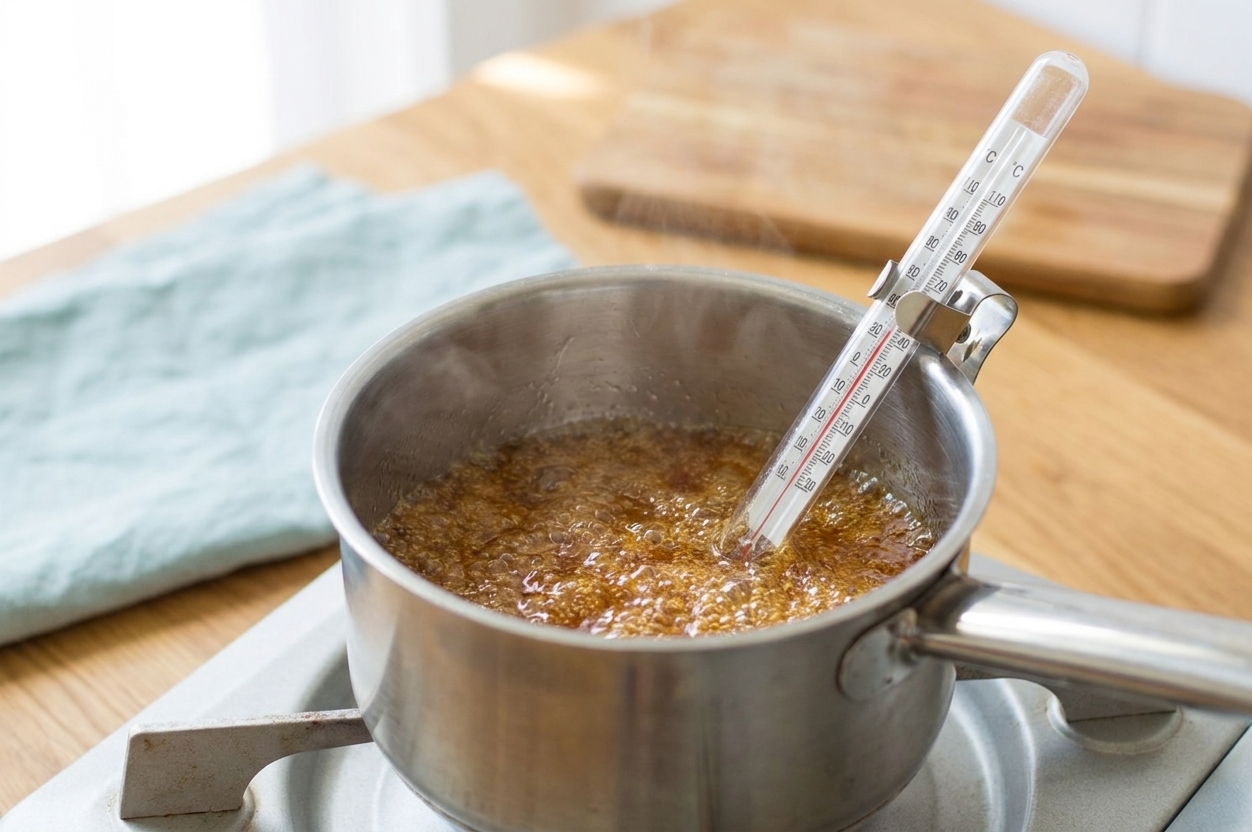 A small saucepan of bubbling sugar syrup on the stove with a candy thermometer clipped to the side, mid-cook