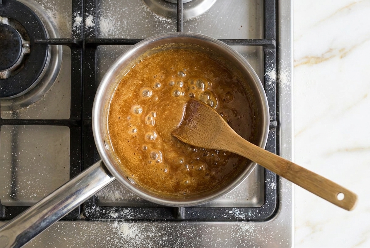 A small saucepan of caramel bubbling gently on a stovetop