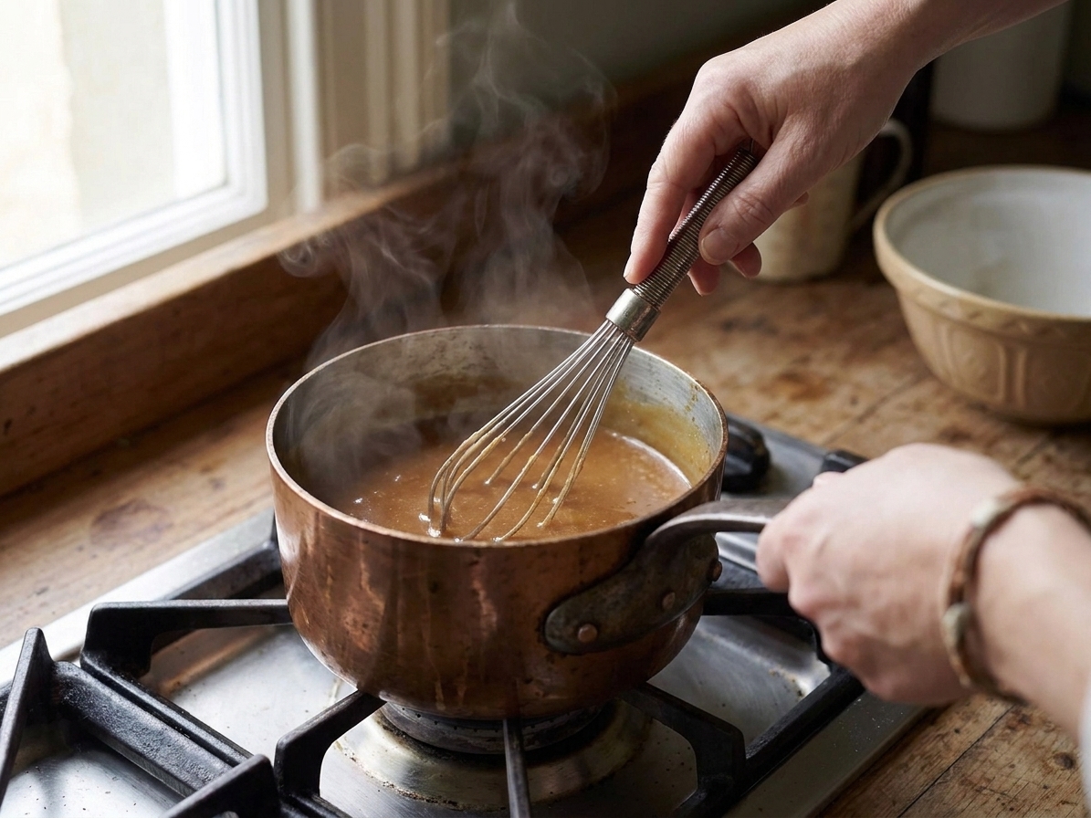 A small saucepan of caramel-colored brandy sauce being whisked on a stovetop with gentle steam rising