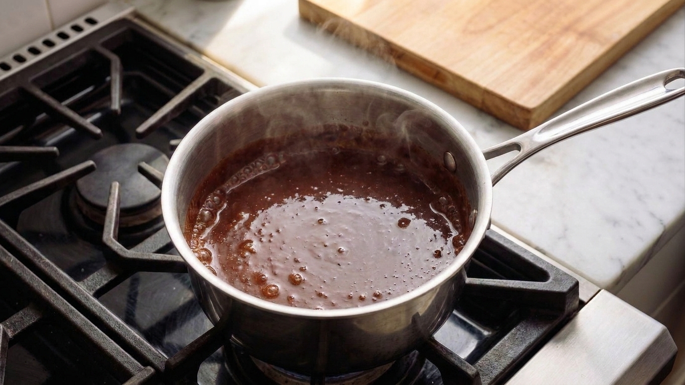 A small saucepan of chocolate sauce at a gentle simmer with small bubbles around the edges on a stovetop