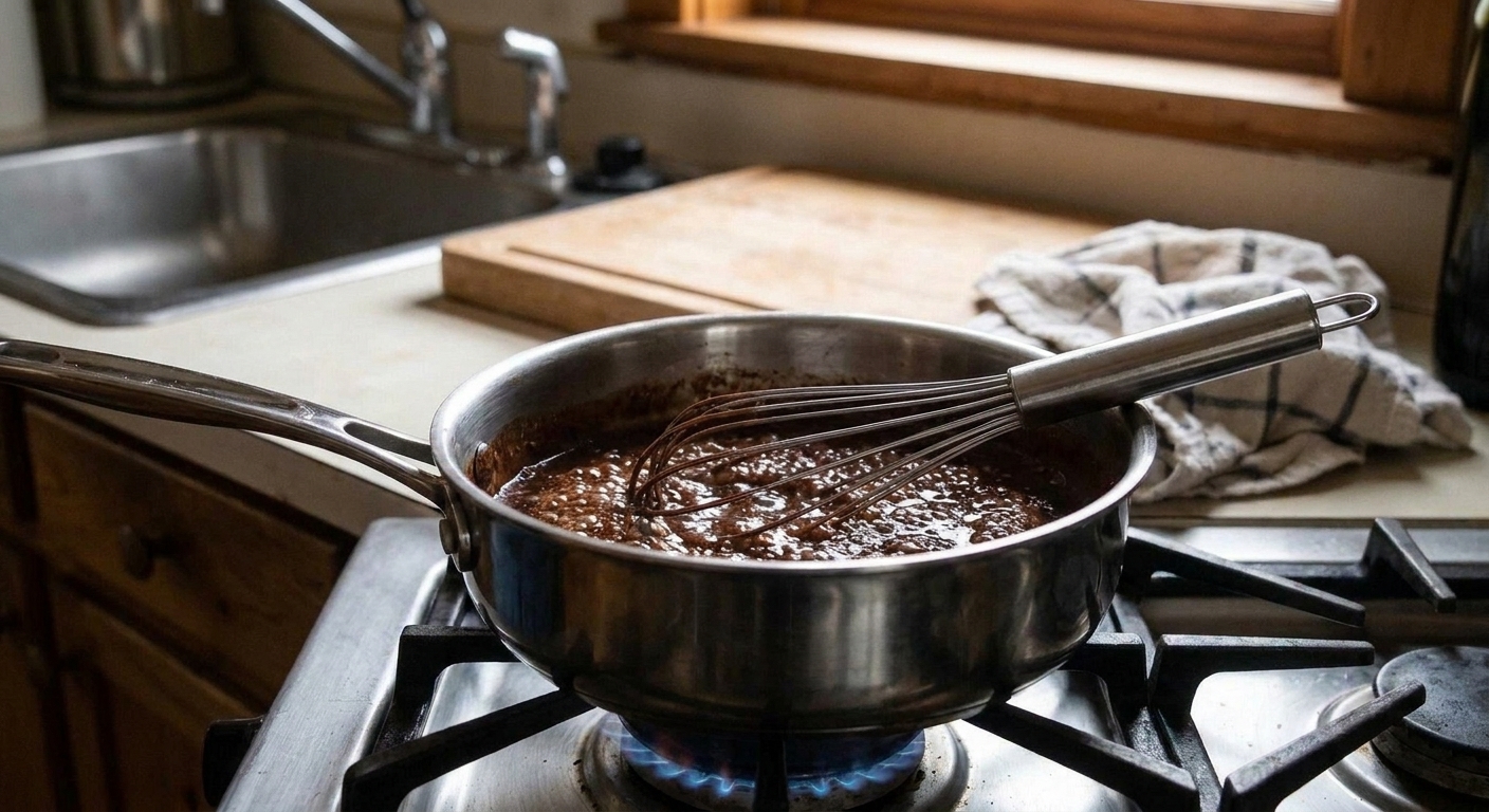 A small saucepan of chocolate syrup gently simmering on the stovetop with tiny bubbles and a whisk resting inside