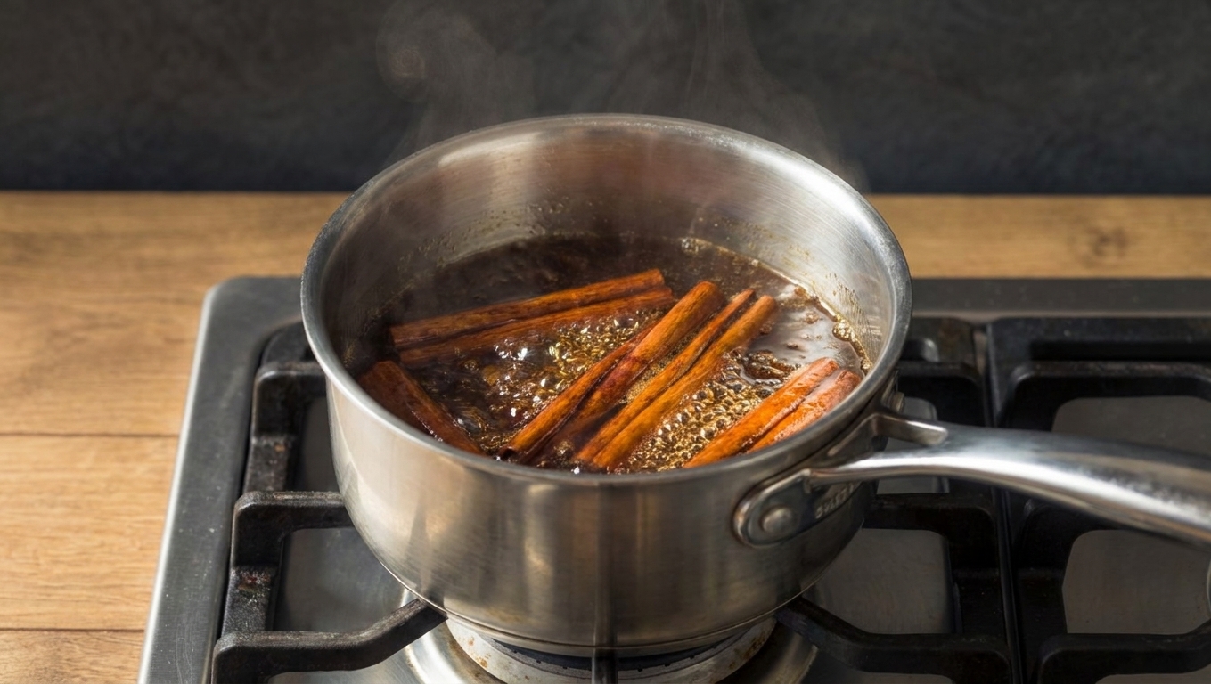 A small saucepan of cinnamon syrup simmering on a stovetop with cinnamon sticks visible in the liquid