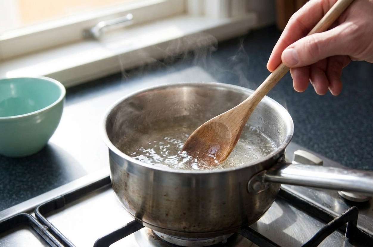 A small saucepan of clear simple syrup being stirred with a spoon on a stovetop