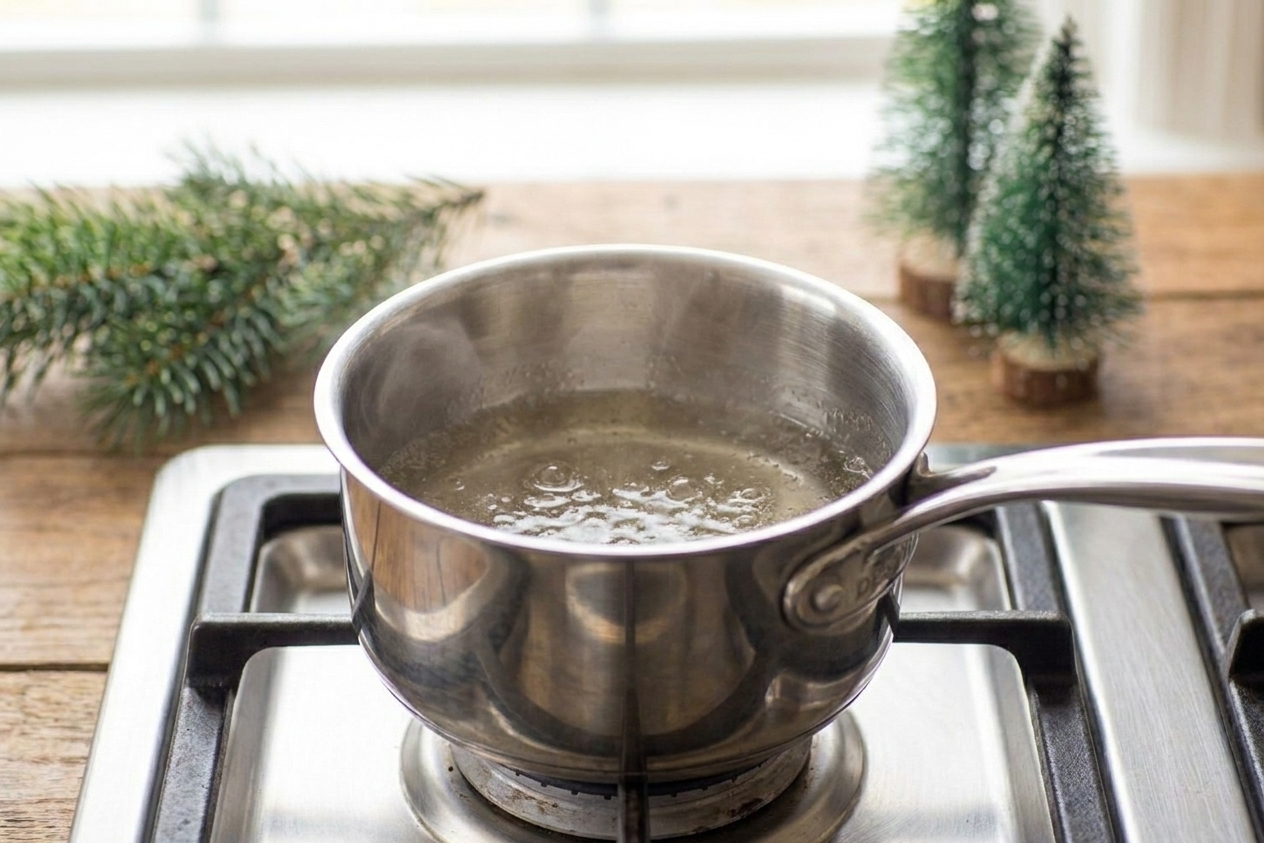 A small saucepan of clear simple syrup gently simmering on a stovetop
