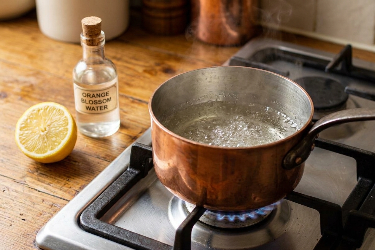 A small saucepan of clear sugar syrup gently simmering on a stovetop with a lemon half and a small bottle of orange blossom water nearby