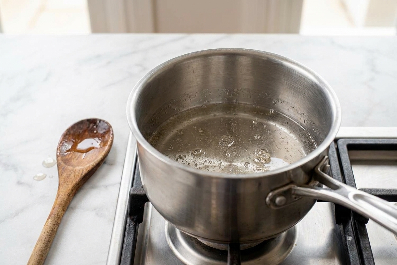 A small saucepan of clear sugar syrup simmering on a stovetop with a wooden spoon resting nearby