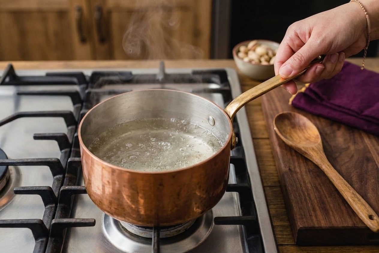 A small saucepan of clear sugar syrup simmering on a stovetop with a wooden spoon resting nearby
