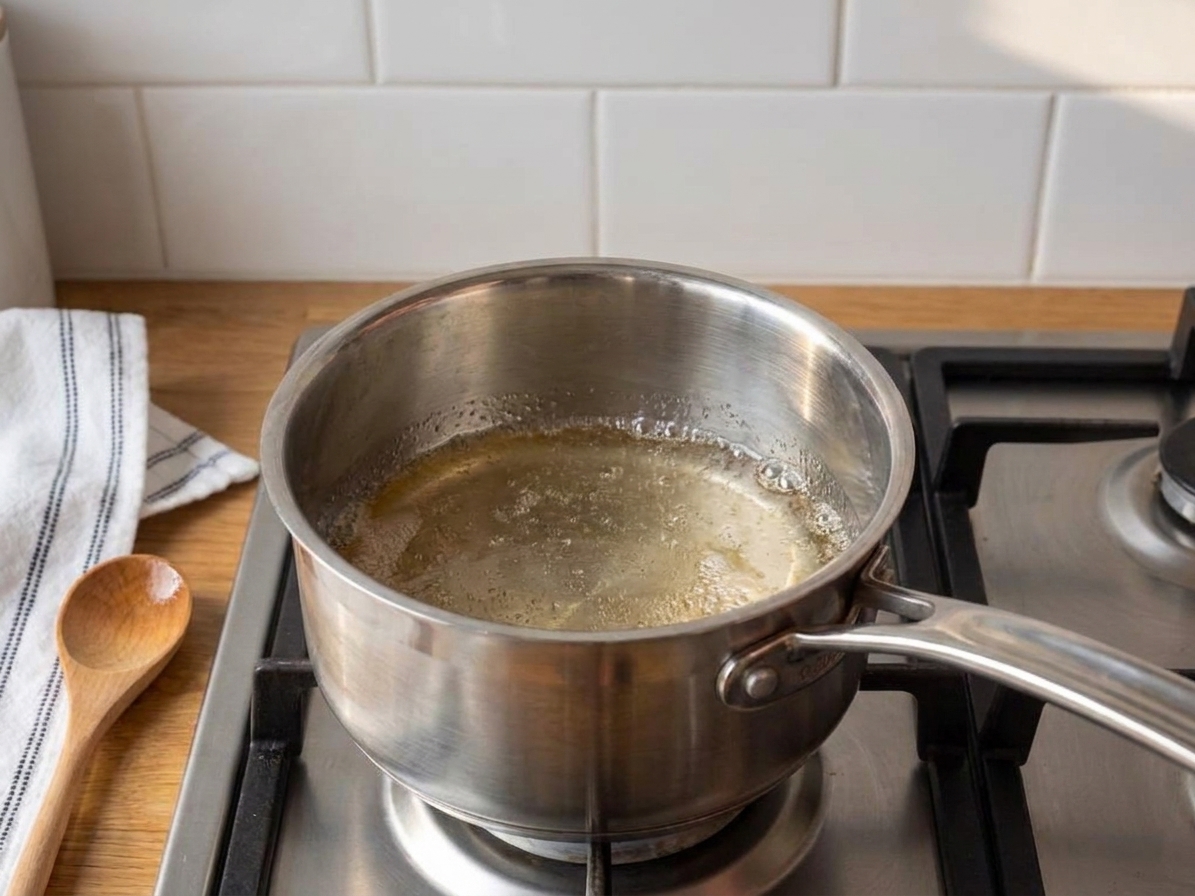 A small saucepan of clear syrup gently simmering on the stove with small bubbles at the edges
