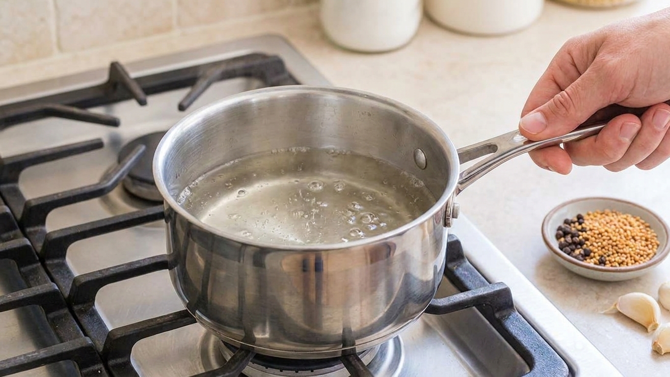 A small saucepan of clear vinegar brine gently simmering on a stovetop