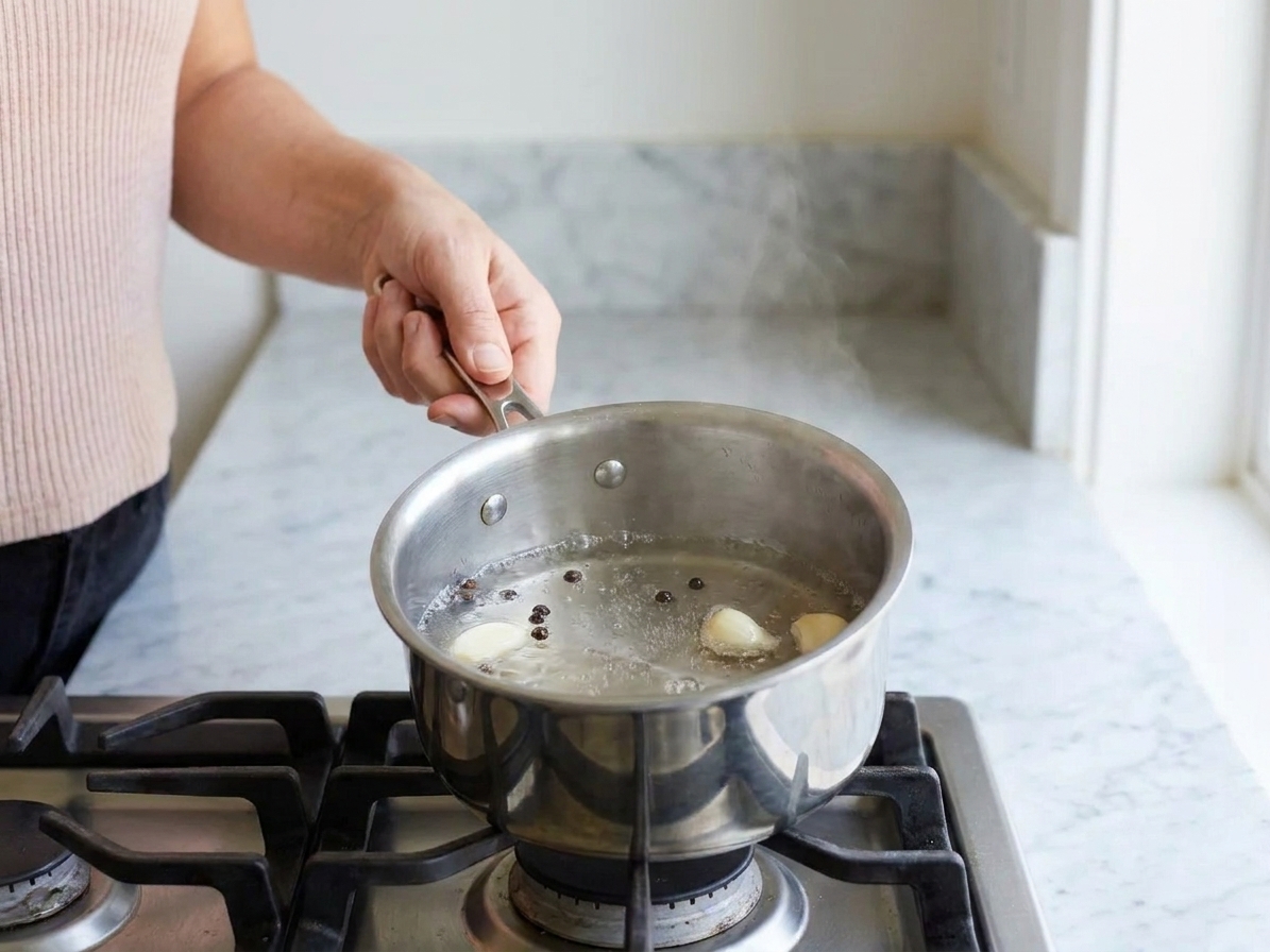 A small saucepan of clear vinegar brine gently simmering on a stovetop