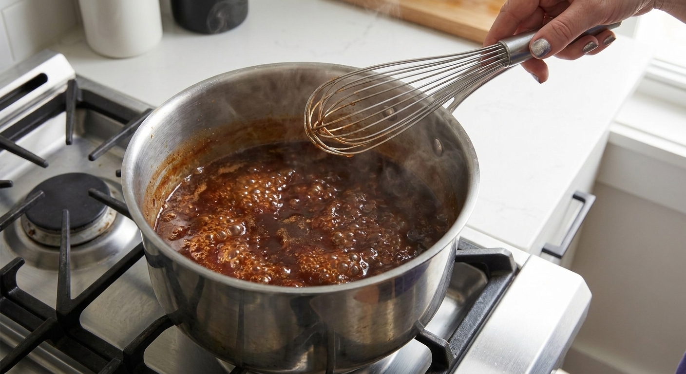 A small saucepan of cola barbecue sauce gently simmering with a whisk resting on the rim