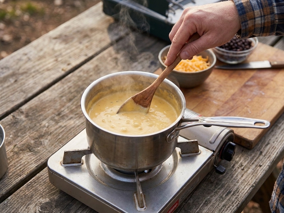 A small saucepan of creamy cheese sauce being stirred on a portable camp stove