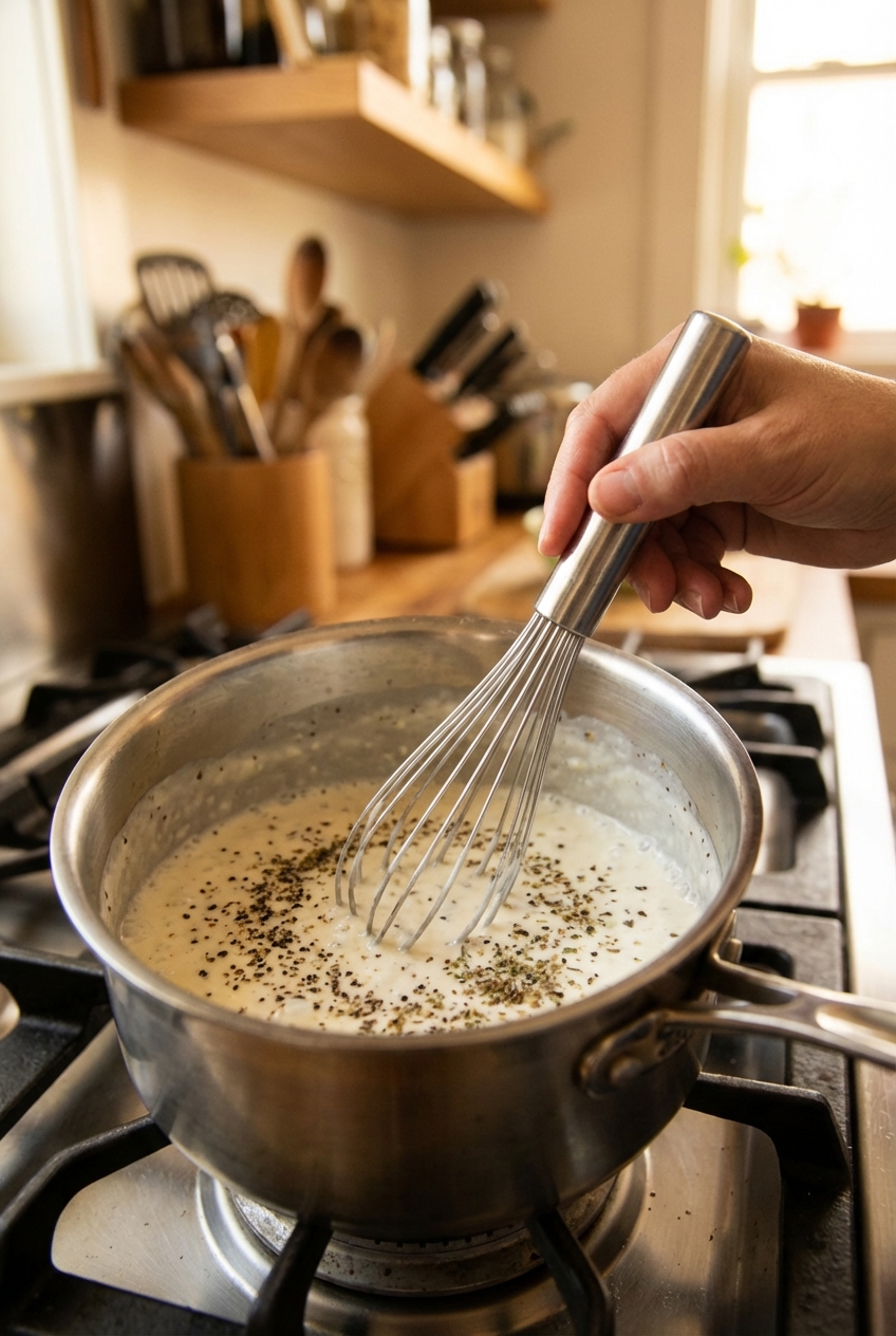 A small saucepan of creamy garlic sauce being whisked on a stovetop with black pepper and spices