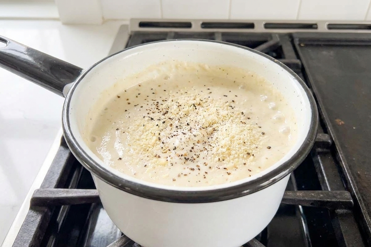 A small saucepan of creamy white pizza sauce with visible black pepper and grated Parmesan on top, sitting on a bright home kitchen stove
