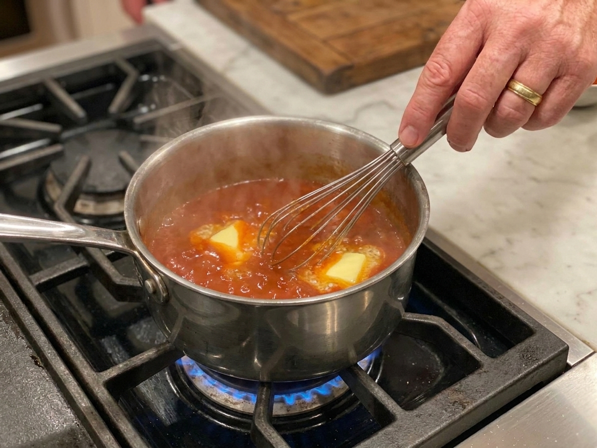 A small saucepan of deep red buffalo sauce being whisked on a stovetop with melted butter and steam rising