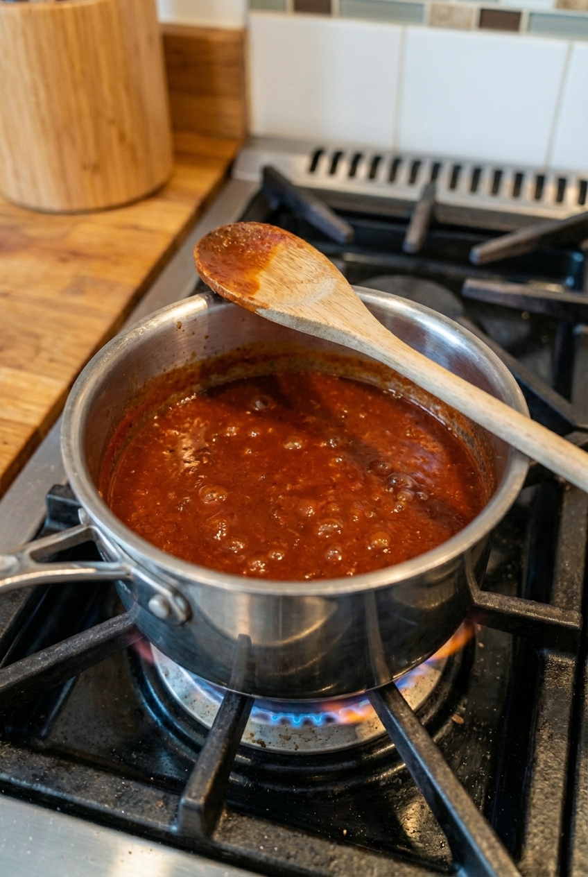 A small saucepan of deep red enchilada sauce simmering on a stovetop with a wooden spoon resting on the rim