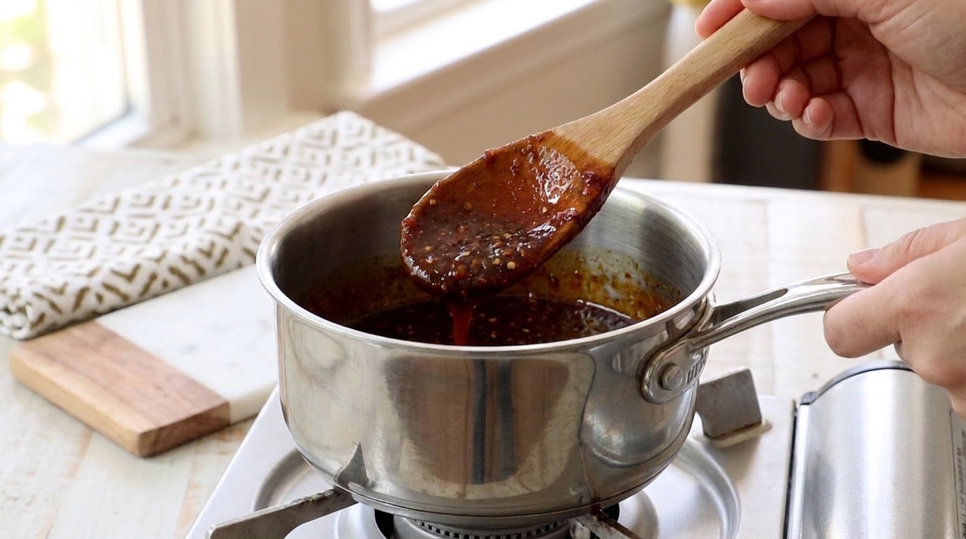 A small saucepan of glossy General Tso sauce being stirred with a wooden spoon on a home stove under warm kitchen lighting