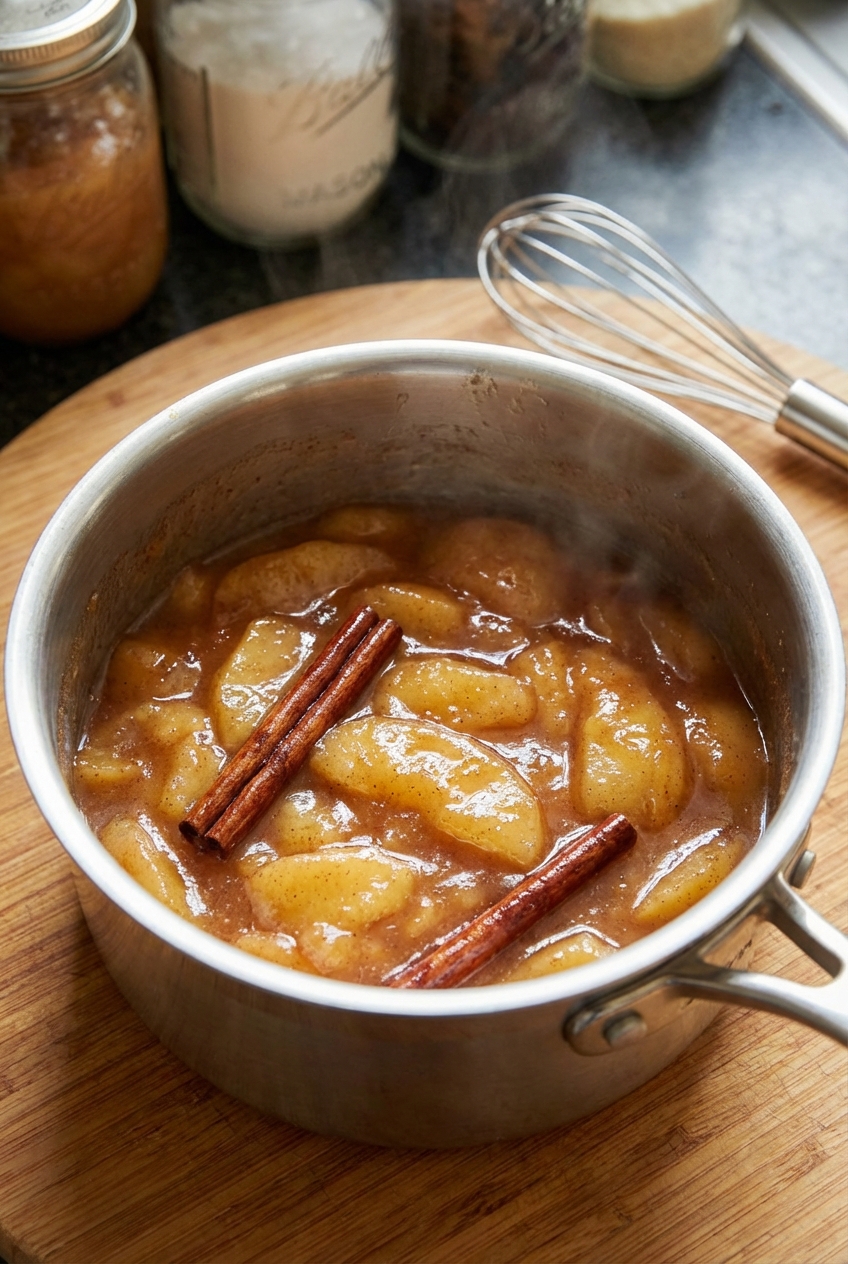 A small saucepan of glossy apple compote with cinnamon