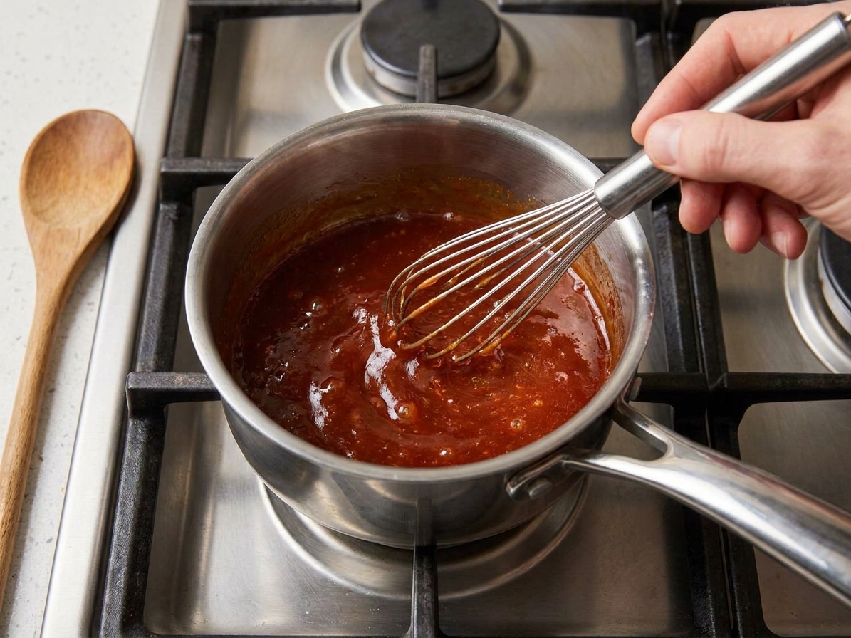 A small saucepan of glossy barbecue glaze being whisked on a stovetop with a wooden spoon nearby