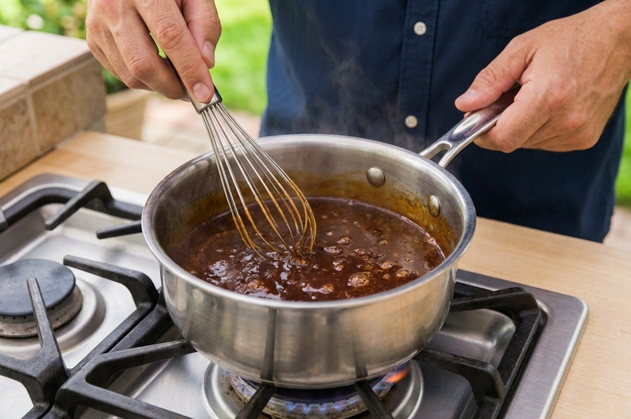 A small saucepan of glossy barbecue glaze simmering on the stovetop with a whisk