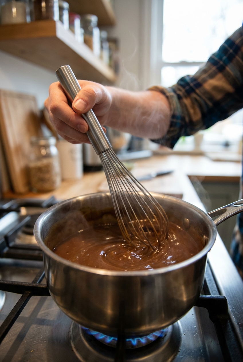 A small saucepan of glossy brown gravy being whisked