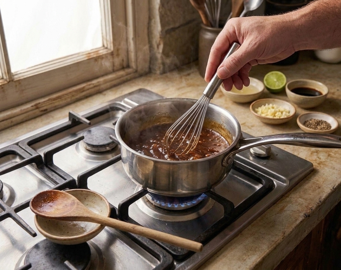 A small saucepan of glossy brown lechon sauce being whisked on a stovetop, with a wooden spoon and small bowls on the counter