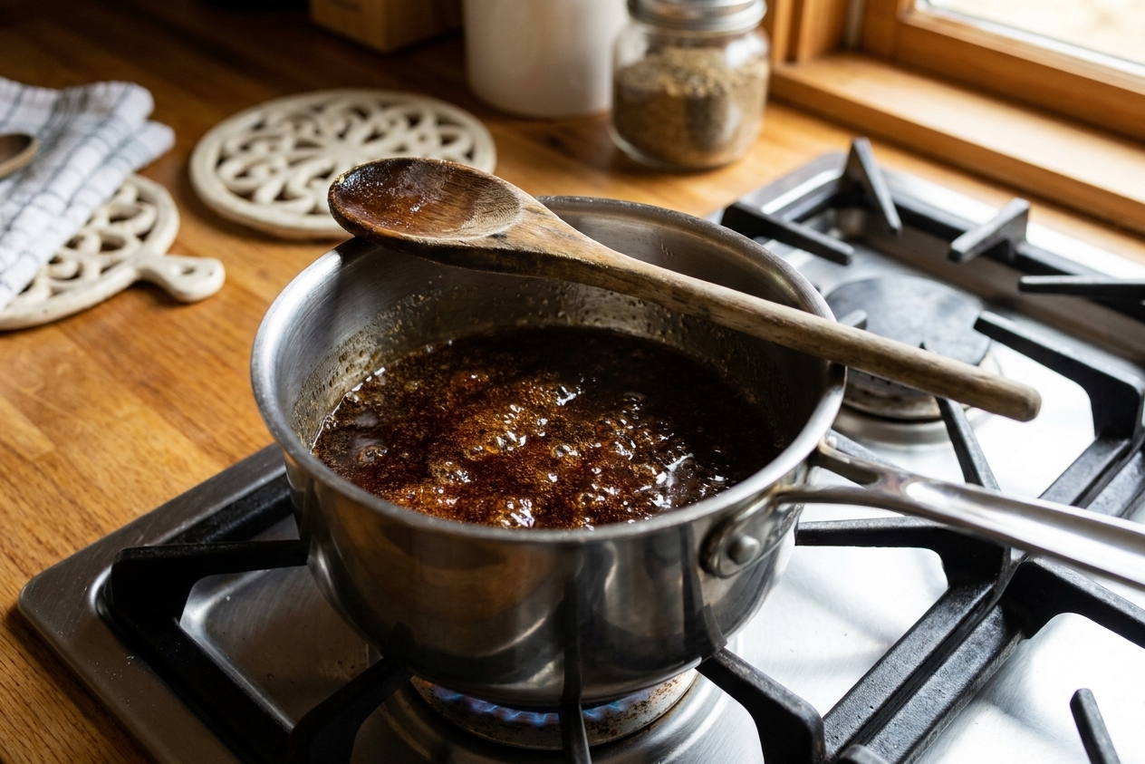 A small saucepan of glossy brown sugar syrup simmering on a stovetop, with a wooden spoon resting on the rim in a warm home kitchen